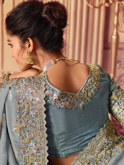 Zari Embroidered Designer Viscose with Golden Smoke Bridal Traditional Saree In Greyish Blue-81136