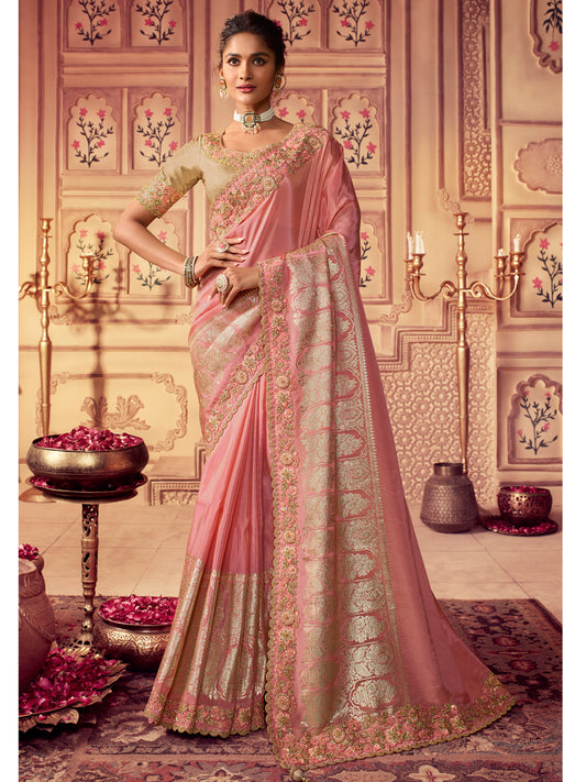 Zari Embroidered Designer Viscose with Golden Smoke Bridal Traditional Saree In Pink-81138