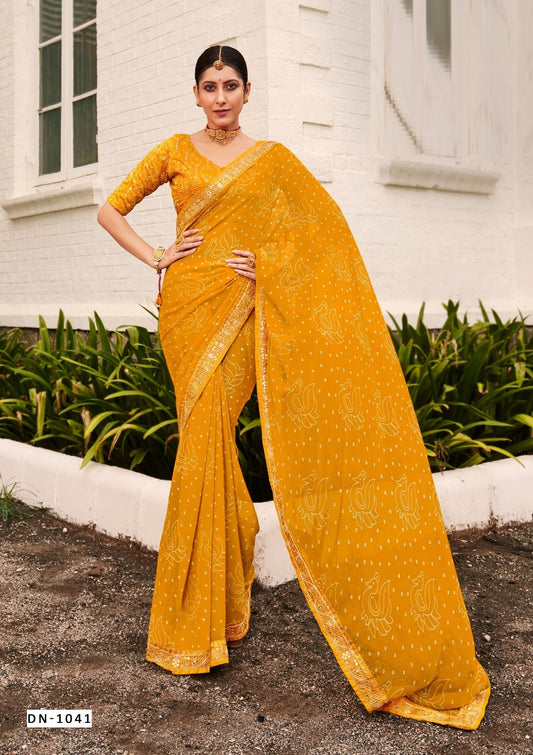 Bandhej Printed Georgette Saree in Yellow