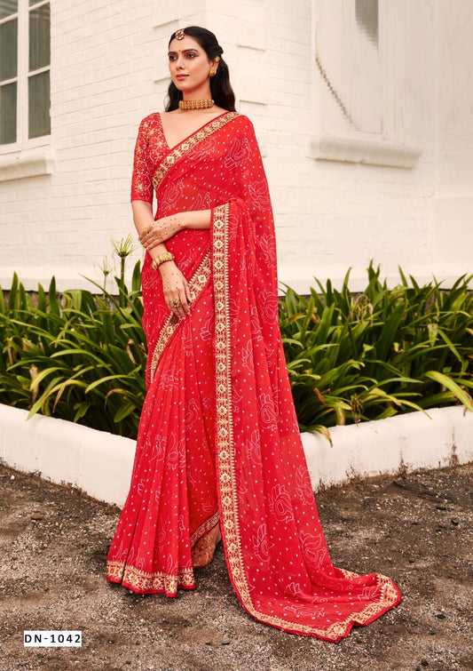 Bandhej Printed Georgette Saree in Red