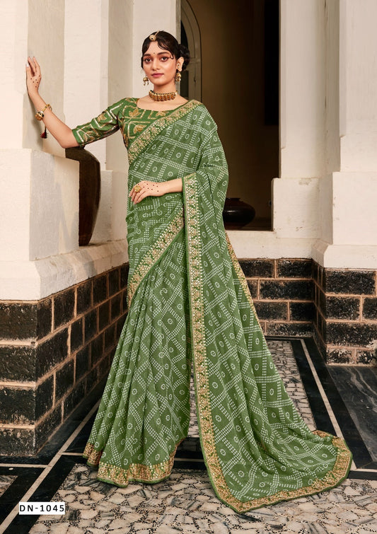 Bandhej Printed Georgette Saree in Green