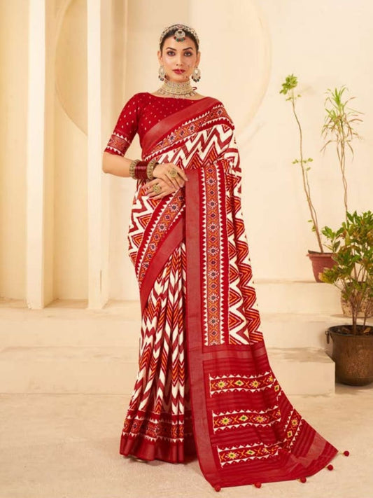 Velvet tusser Silk Brasso Saree in Red