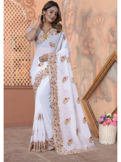 Zari Embroidery Georgette Saree in White