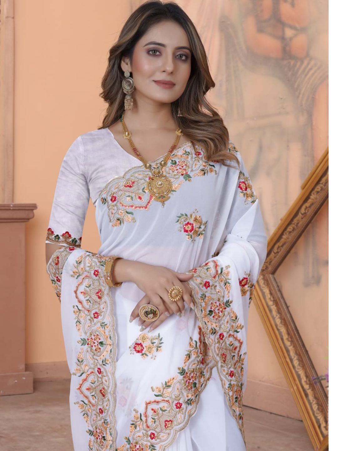 Zari Embroidery Georgette Saree in White