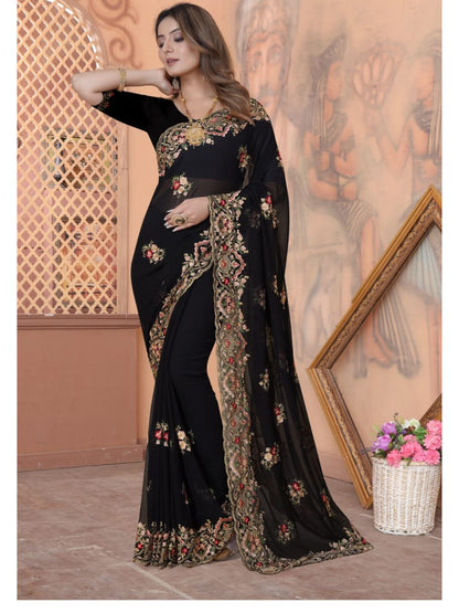 Zari Embroidery Georgette Saree in Black