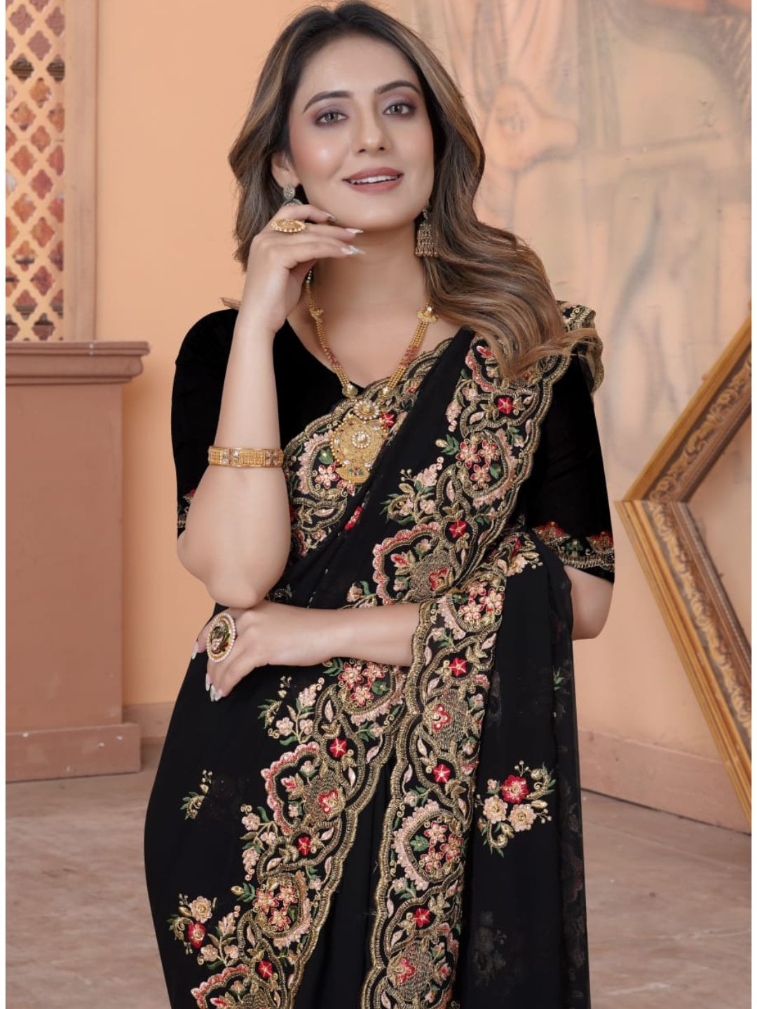 Zari Embroidery Georgette Saree in Black