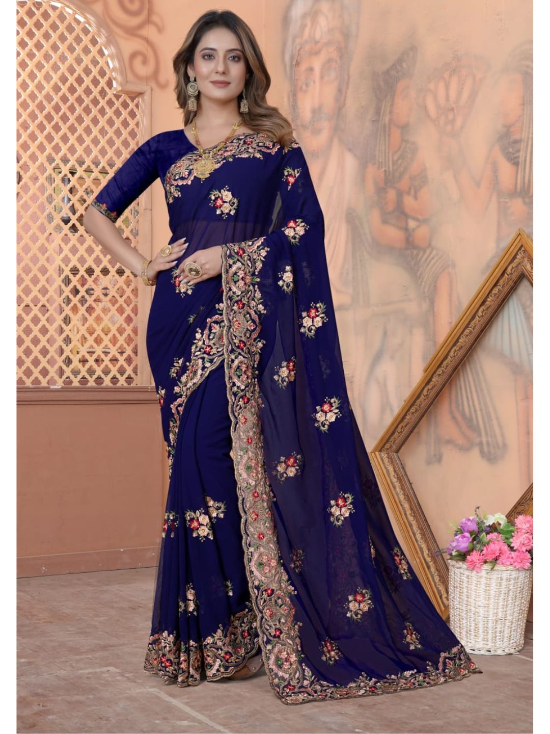 Zari Embroidery Georgette Saree in Blue