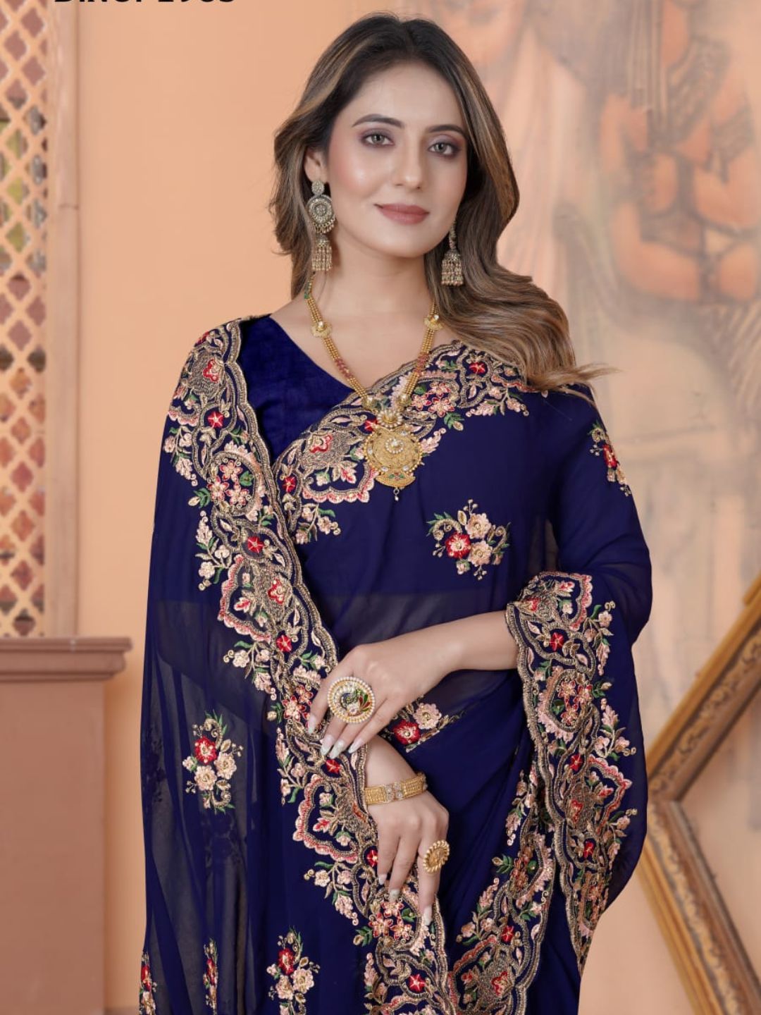 Zari Embroidery Georgette Saree in Blue