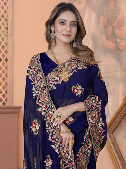 Zari Embroidery Georgette Saree in Blue