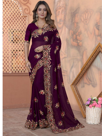 Zari Embroidery Georgette Saree in Purple