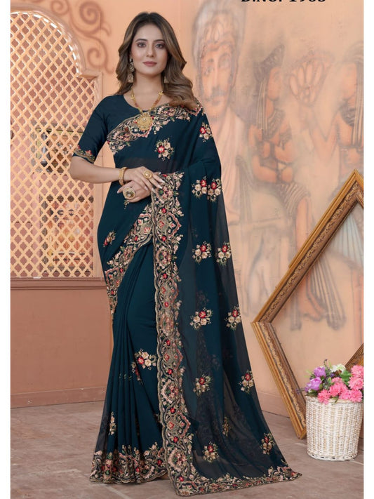 Zari Embroidery Georgette Saree in Blue