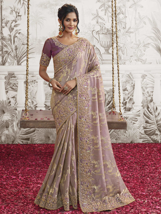Embroidered Silk Traditional Partywear Saree In Violet Color-81740