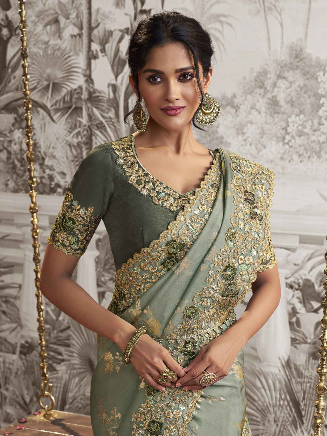 Embroidered Silk Traditional Partywear Saree In Green Color-81741