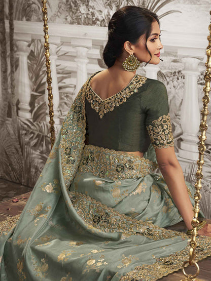 Embroidered Silk Traditional Partywear Saree In Green Color-81741