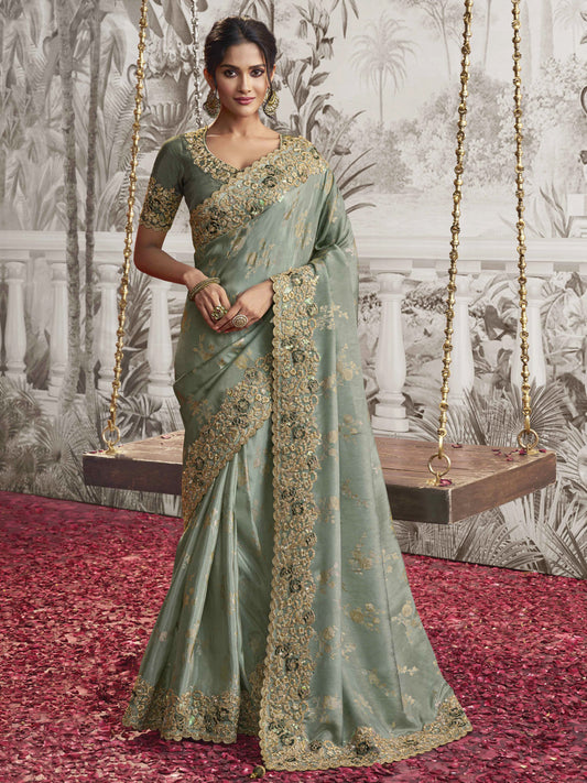 Embroidered Silk Traditional Partywear Saree In Green Color-81741