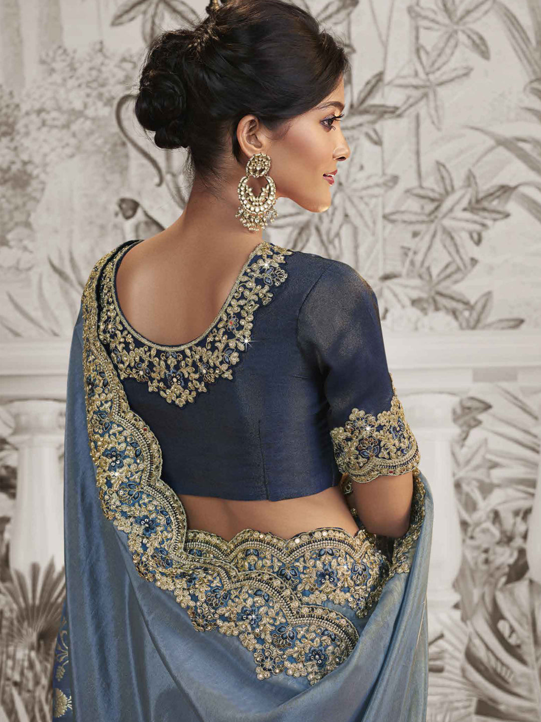 Embroidered Silk Traditional Partywear Saree In Grey Color-81744