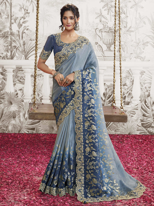 Embroidered Silk Traditional Partywear Saree In Grey Color-81744