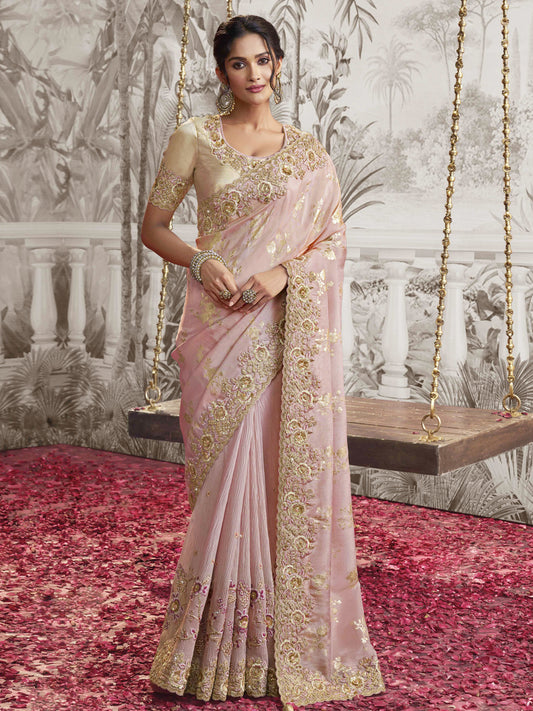 Embroidered Silk Traditional Partywear Saree In Pink Color-81745