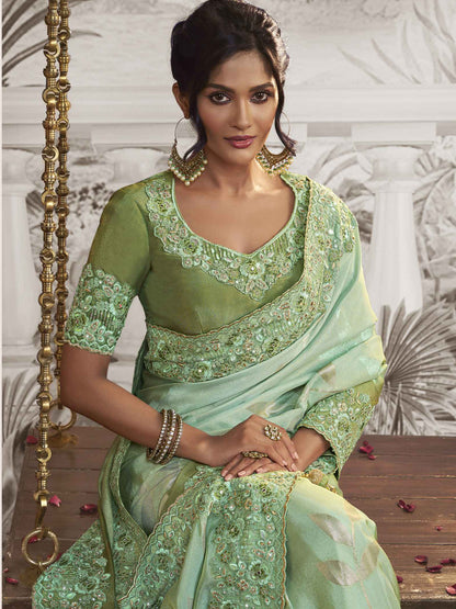 Embroidered Silk Traditional Partywear Saree In Green Color-81746