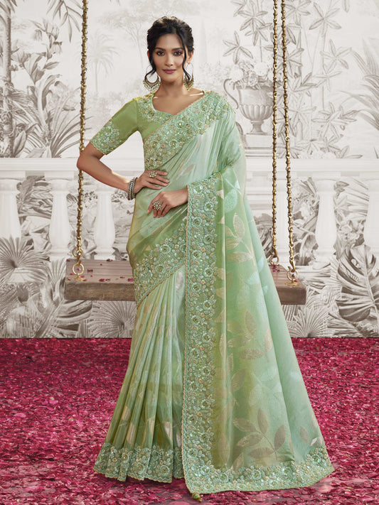 Embroidered Silk Traditional Partywear Saree In Green Color-81746