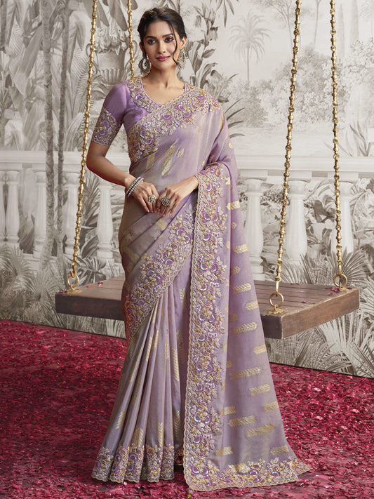 Embroidered Silk Traditional Partywear Saree In Violet Color-81747