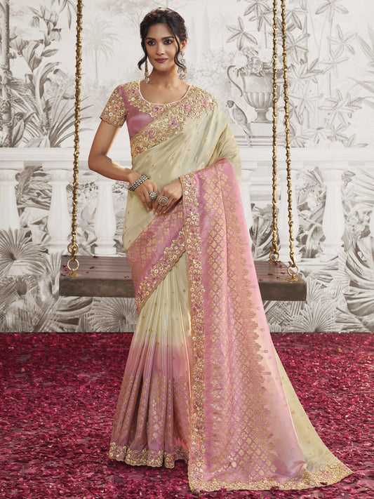 Embroidered Silk Traditional Partywear Saree In Off white Color-81748