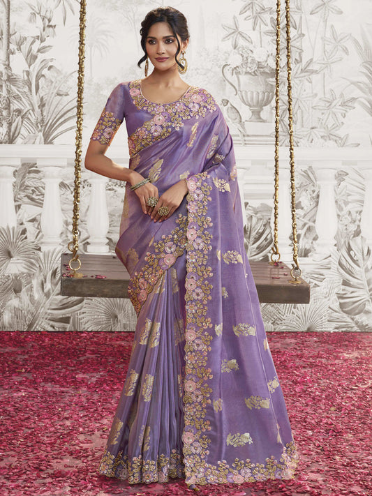 Embroidered Silk Traditional Partywear Saree In Purple Color-81749