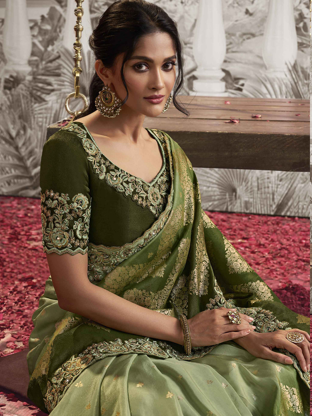 Embroidered Silk Traditional Partywear Saree In Green Color-81750