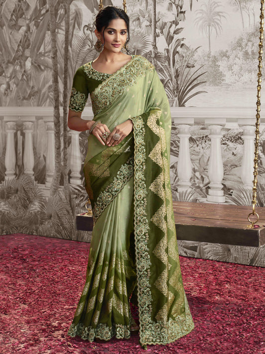 Embroidered Silk Traditional Partywear Saree In Green Color-81750
