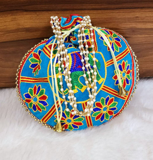 Designer Mulitcolor Embroidery Silk Elephant Handcrafted Potli-81397