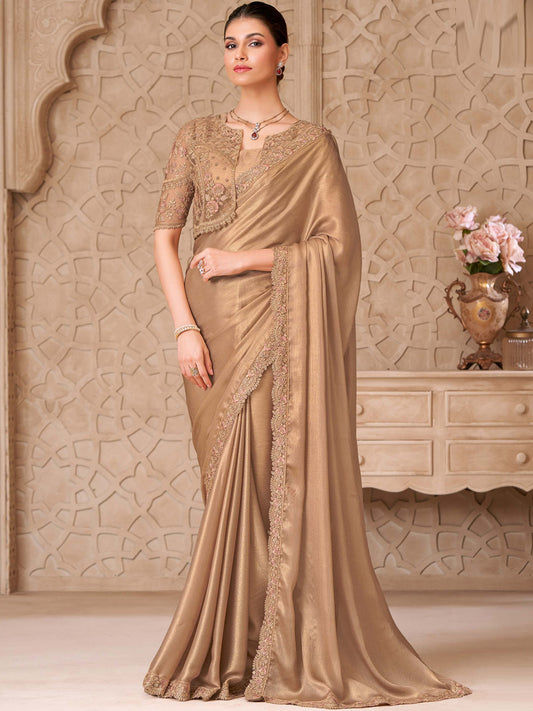 Gold Shimmer Sartin Georgette with Embroidered Saree-32008
