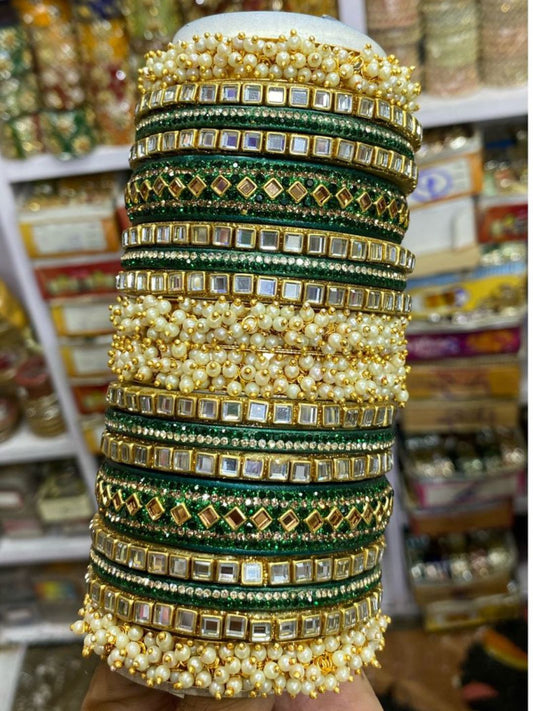 Green Gold Plated Chura Chuda Bangle Set-30907