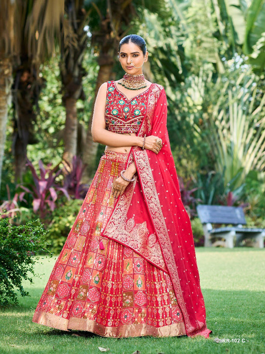 Embroidered Silk Bridal Lehenga in Red color-81805