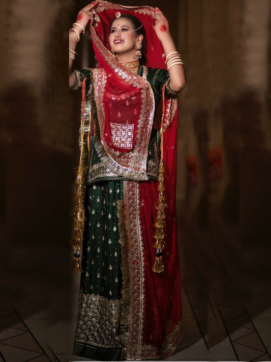 Zari Stone Touch Humrahi Pure Wedding Sangeet Rajputi Poshak In Green Color-61152