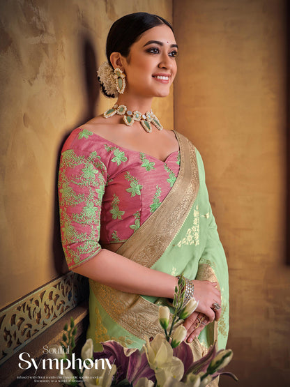 Zari Fancy Partywear South Indian wedding Saree In Green Color-81615