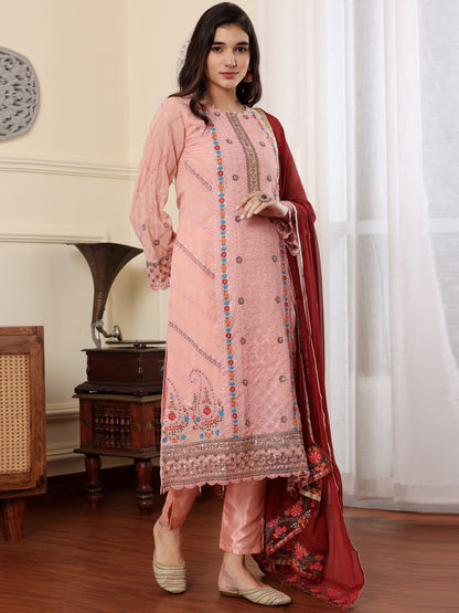 Resham Zari Georgette India Suit in Pink & Dupatta Set-750040
