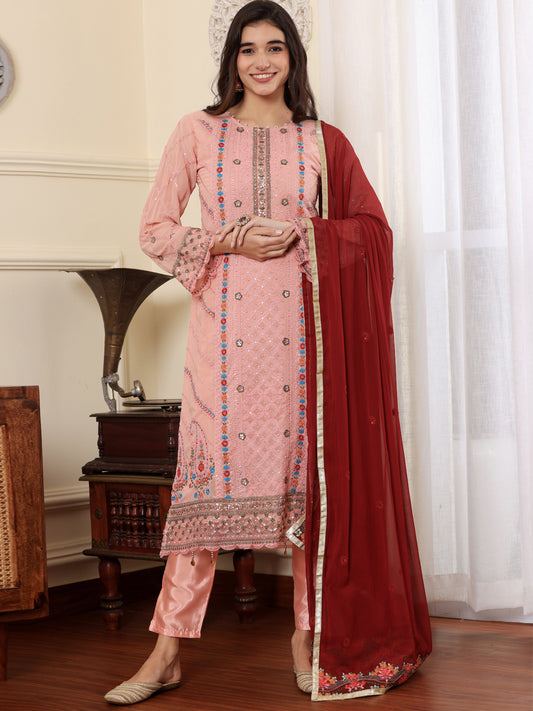Resham Zari Georgette India Suit in Pink & Dupatta Set-750040