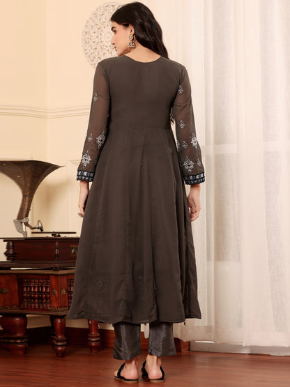 Resham Zari Georgette India Suit in Grey & Dupatta Set-750041