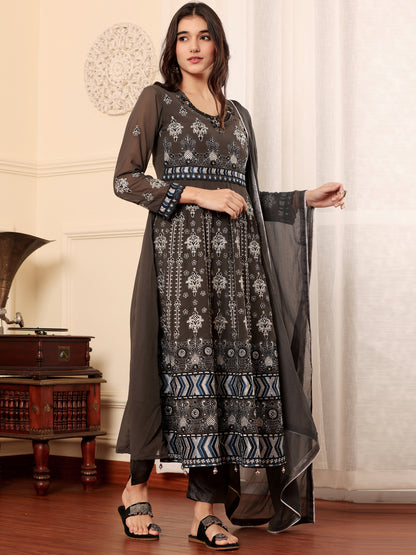 Resham Zari Georgette India Suit in Grey & Dupatta Set-750041