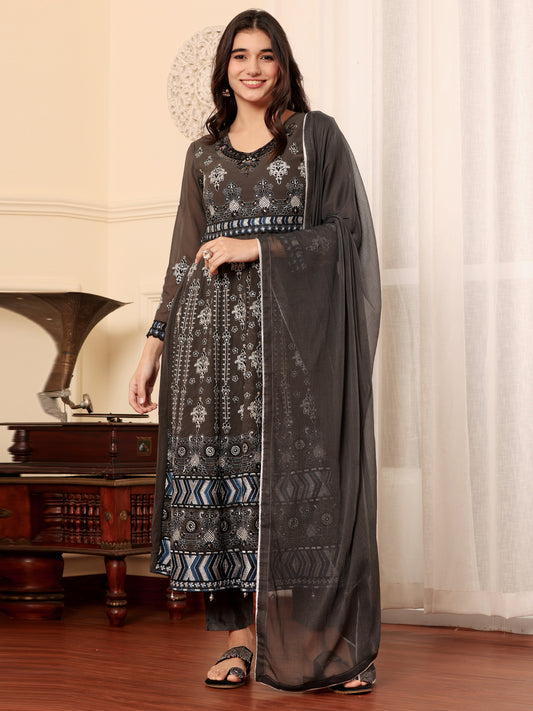 Resham Zari Georgette India Suit in Grey & Dupatta Set-750041
