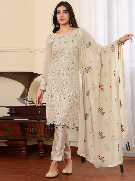 Resham Zari Georgette India Suit in Beign & Dupatta Set-750043