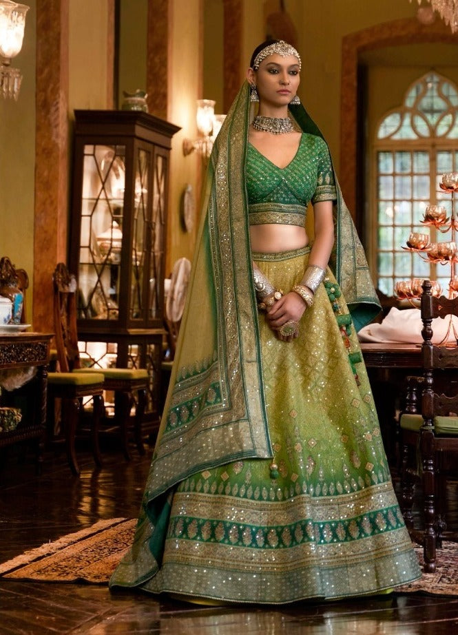 Mirror Work  Art Silk Bridal Lehenga in Olive Green