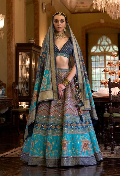 Mirror Work Art Silk Bridal Lehenga in Blue