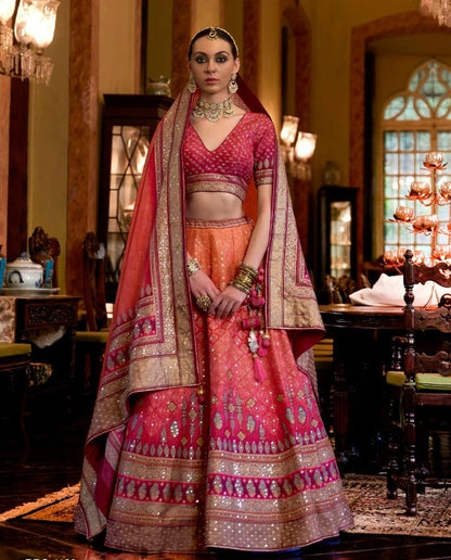 Mirror Work Art Silk Bridal Lehenga in Orange and Pink