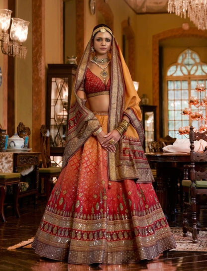 Mirror Work Art Silk Bridal Lehenga in Orange