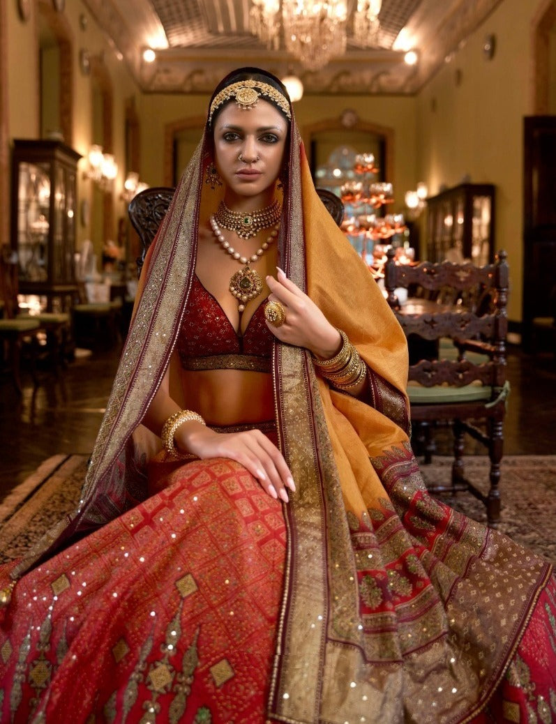 Mirror Work Art Silk Bridal Lehenga in Orange