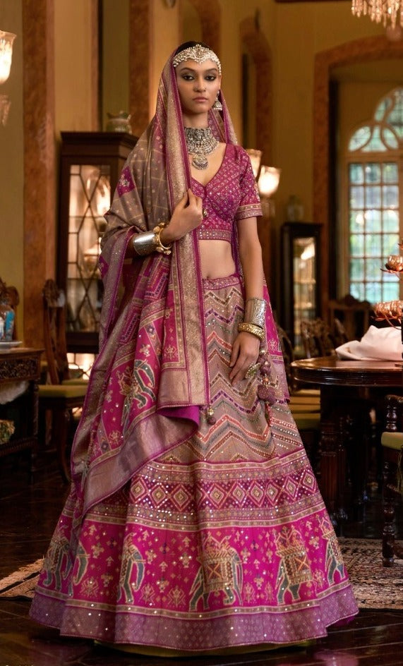 Mirror Work Art Silk Bridal Lehenga in Pink