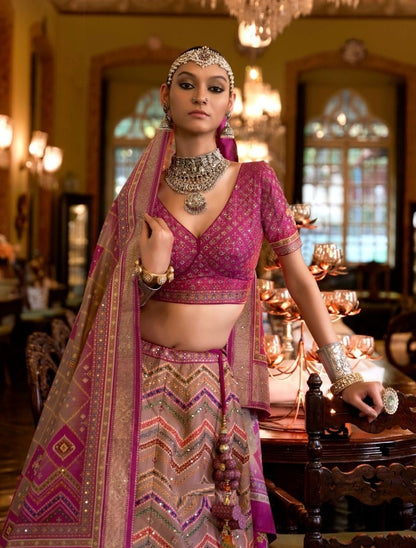 Mirror Work Art Silk Bridal Lehenga in Pink