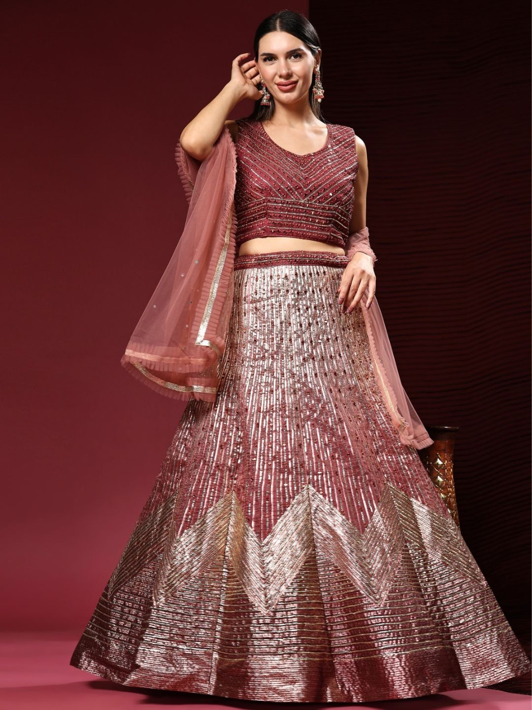 Mirror Coding Organza Lehenga in maroon