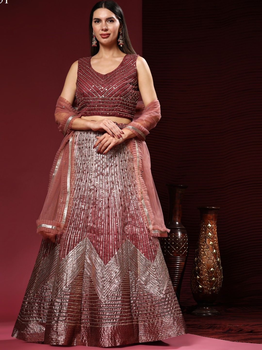 Mirror Coding Organza Lehenga in maroon